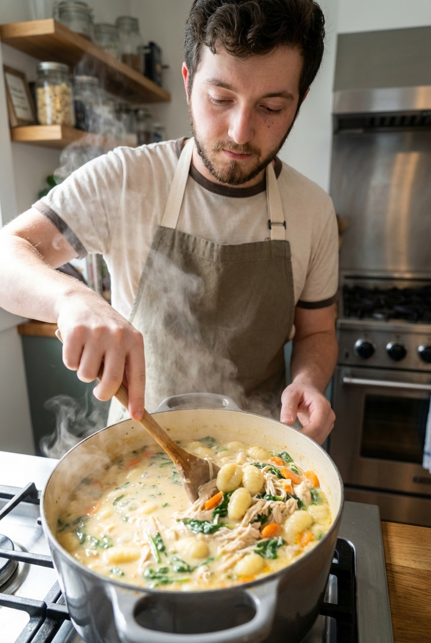 A pot of chicken gnocchi soup simmering on the stove with steam rising and a wooden spoon stirring