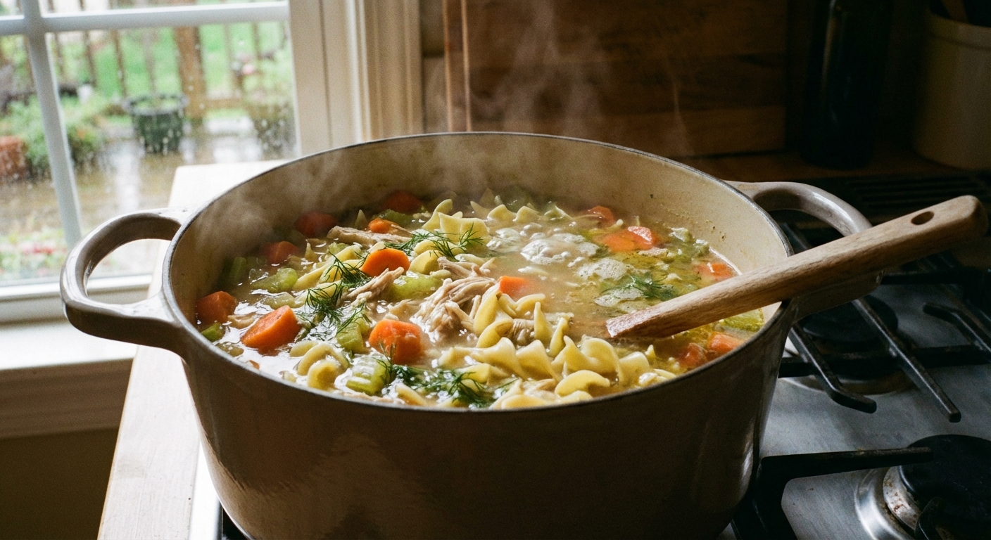 A pot of chicken noodle soup simmering on a stovetop with visible carrots, celery, and noodles