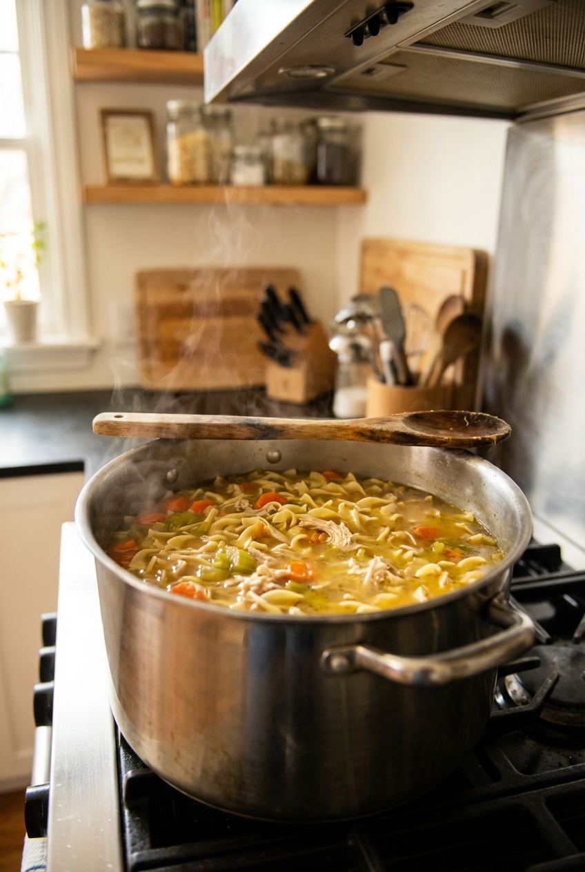 A pot of chicken noodle soup simmering on a stovetop with a wooden spoon resting on the rim