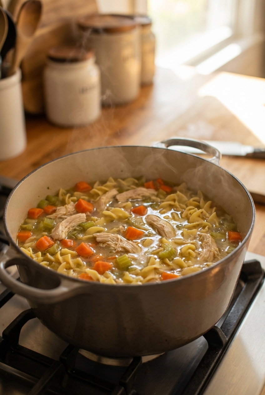 A pot of chicken noodle soup simmering on the stove with visible carrots, celery, and noodles