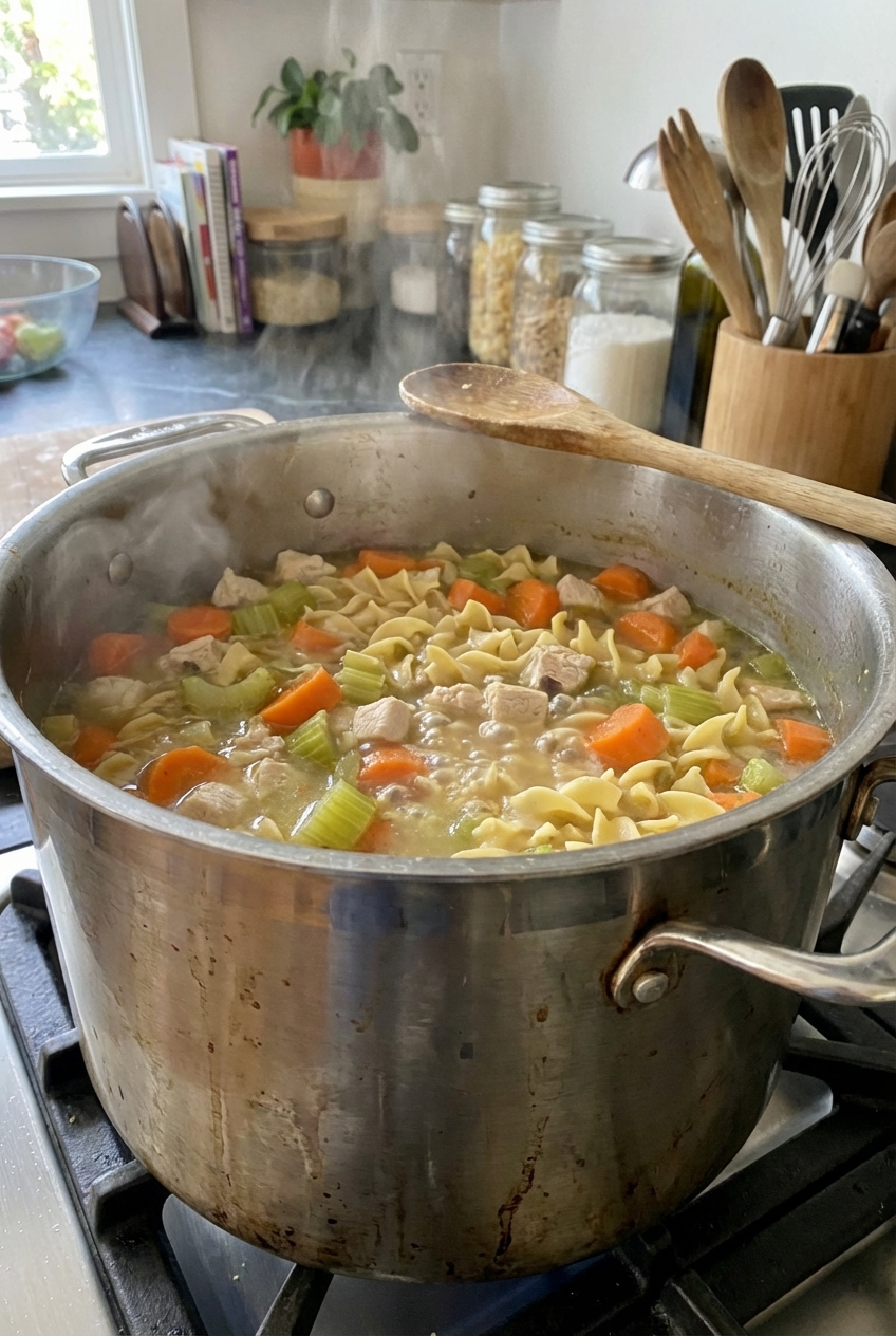 A pot of chicken vegetable soup simmering on a stovetop with visible carrots, celery, and noodles