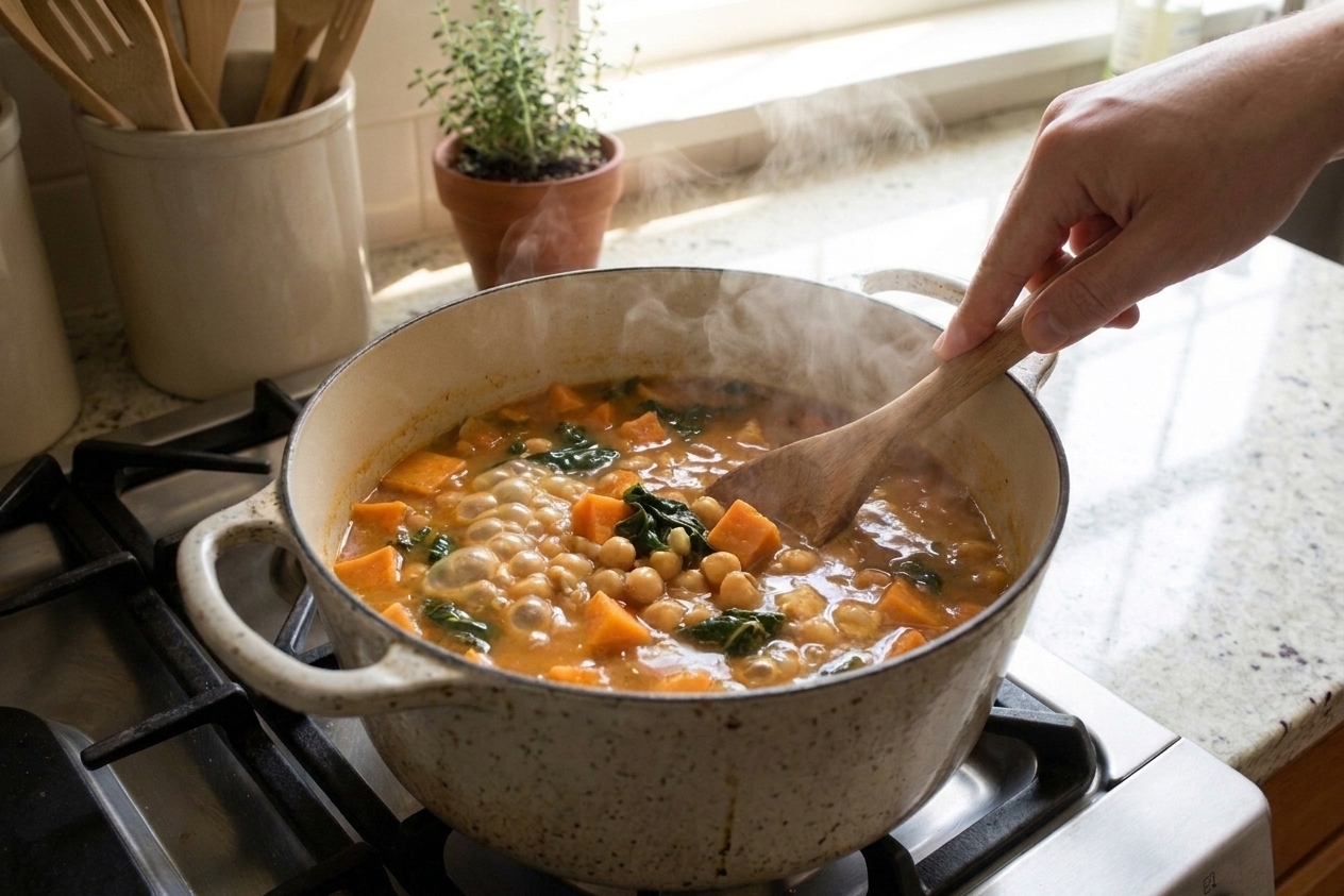 A pot of chickpea and sweet potato stew simmering with visible bubbles and steam rising on the stovetop