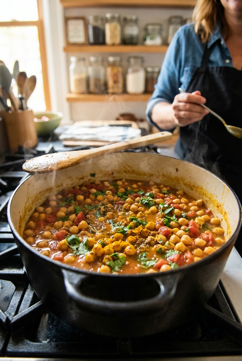 A pot of chickpea curry simmering with tomatoes and spices