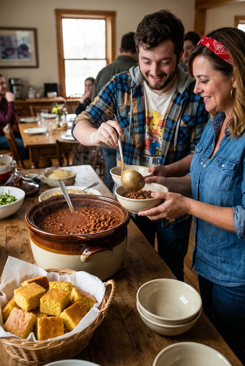 A pot of chili beans on a buffet table next to cornbread and serving bowls
