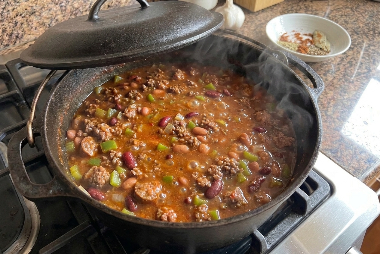 A pot of chili gently simmering on the stove with the lid slightly ajar and steam rising