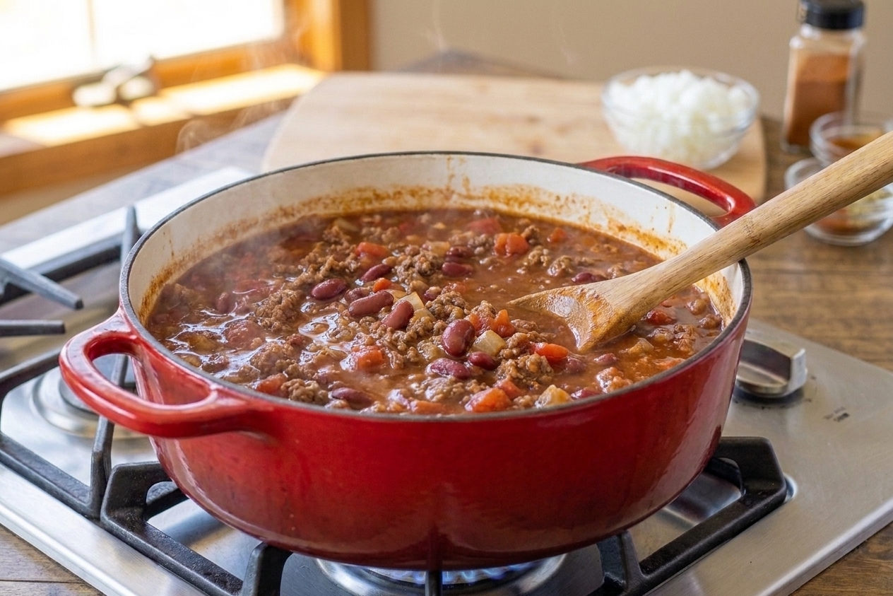 A pot of chili gently simmering on the stovetop with visible beans and tomato base as steam rises