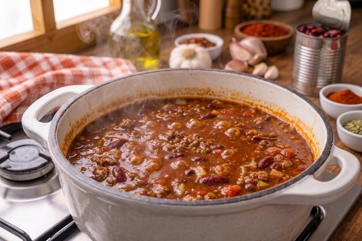 A pot of chili gently simmering with small bubbles on the surface, steam rising in a home kitchen