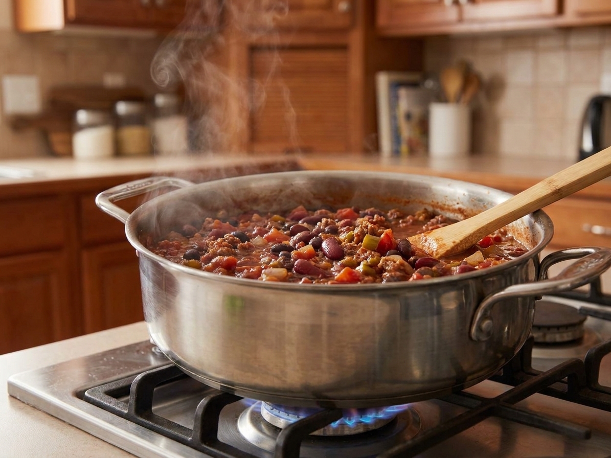 A pot of chili gently simmering with visible beans and tomato base, steam rising, on a stovetop in a cozy kitchen