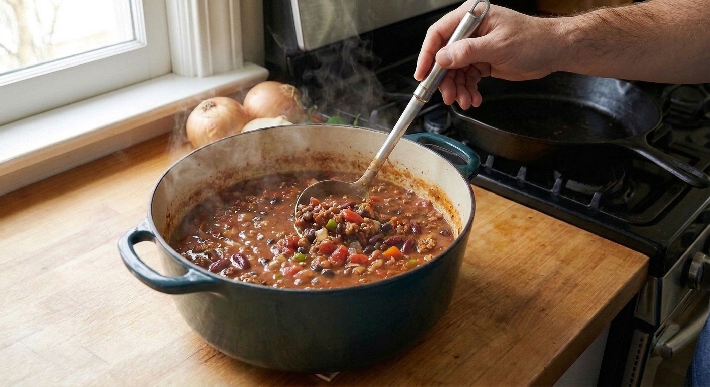 A pot of chili gently simmering with visible bubbles and beans, stirred with a ladle on a stovetop