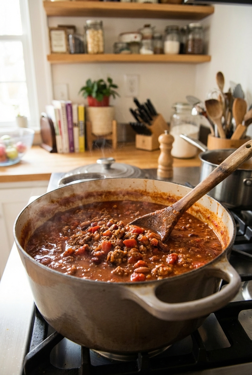 A pot of chili simmering on a stovetop with a wooden spoon stirring through thick, red-brown sauce