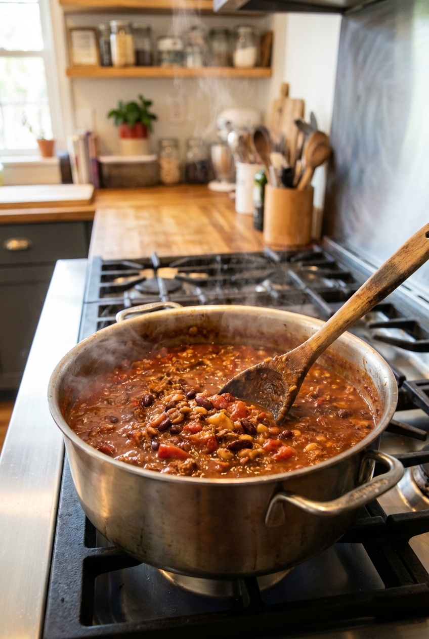 A pot of chili simmering on a stovetop with a wooden spoon stirring