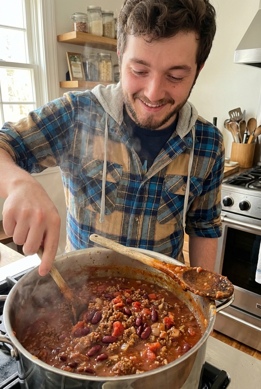 A pot of chili simmering on the stove with a wooden spoon resting on the rim, beans and ground beef visible in the sauce