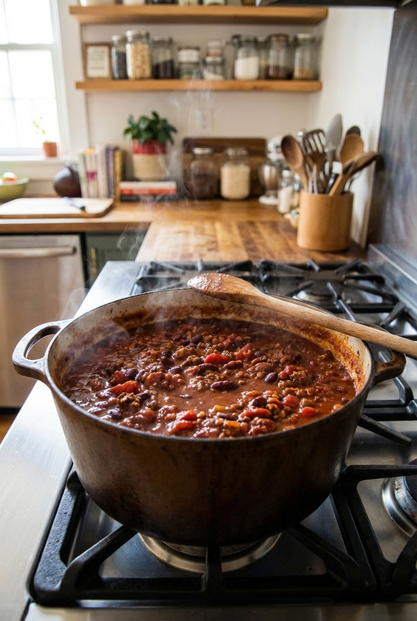 A pot of chili simmering on the stovetop with a wooden spoon resting on the rim