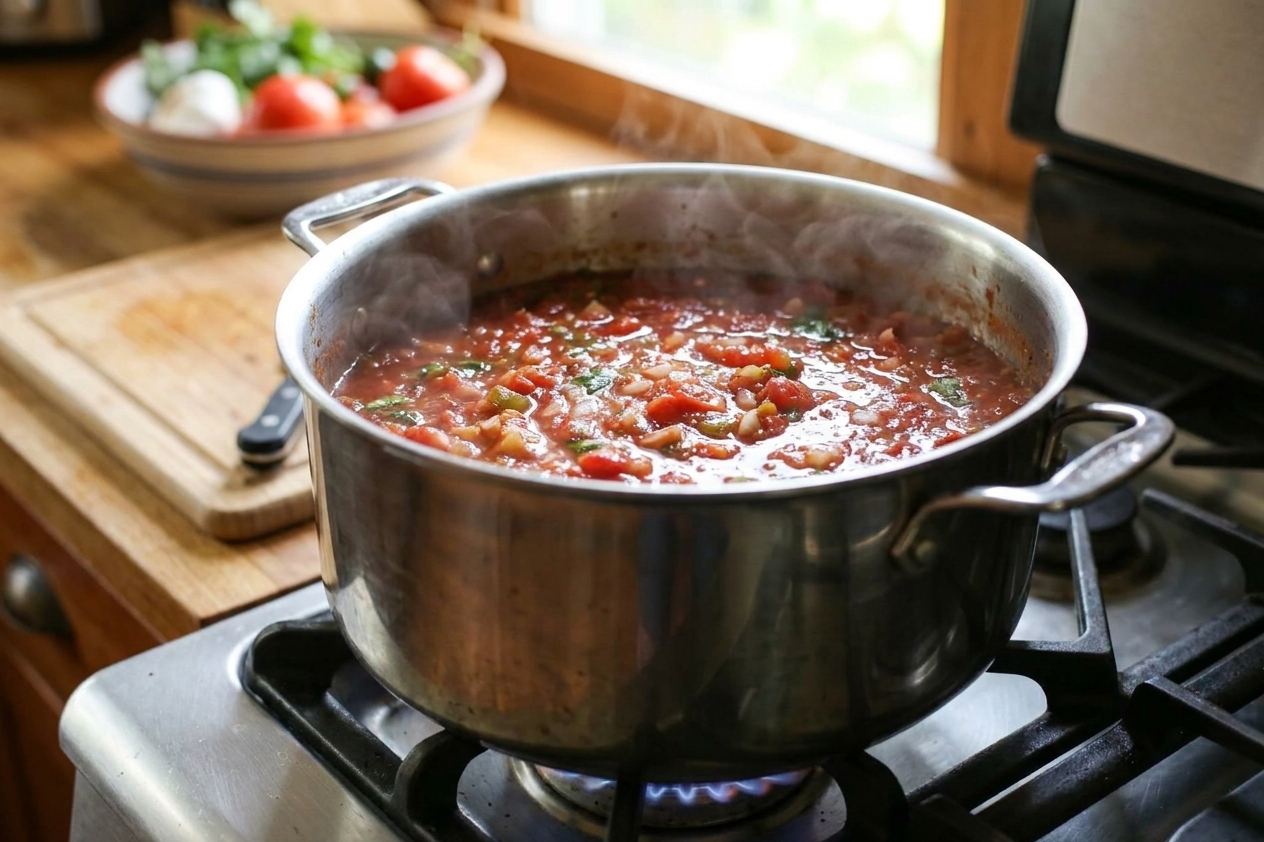 A pot of chunky red salsa simmering on a stovetop