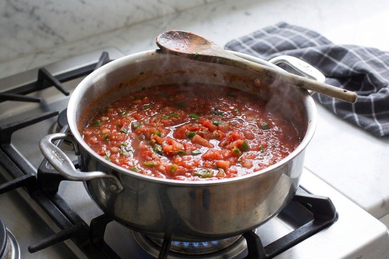 A pot of chunky tomato salsa simmering on a stovetop with a wooden spoon resting on the rim