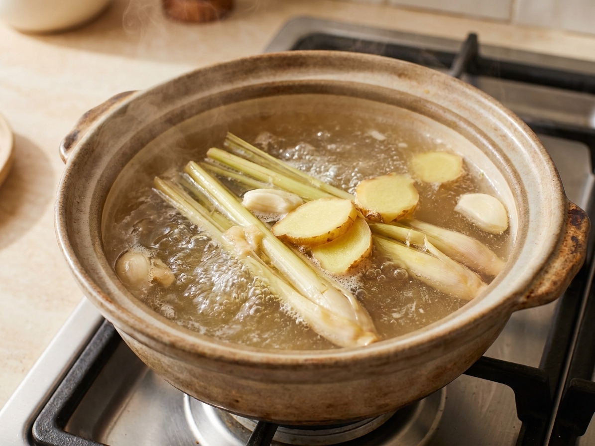 A pot of clear broth simmering with smashed lemongrass, ginger slices, and garlic cloves visible on the surface on a stovetop