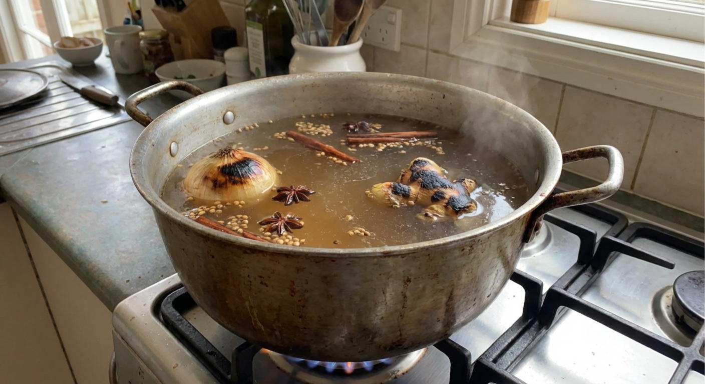 A pot of clear pho broth simmering with charred onion, ginger, and spices on a stovetop