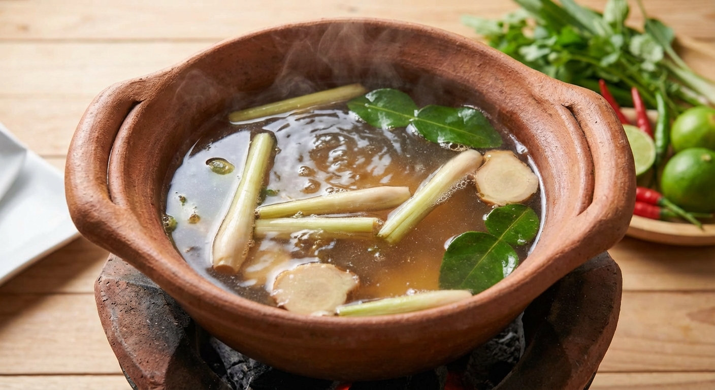 A pot of clear tom yum broth simmering with lemongrass, galangal, and makrut lime leaves