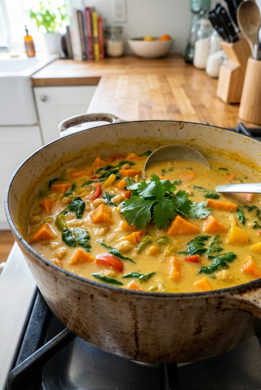 A pot of coconut curry with vegetables and chickpeas