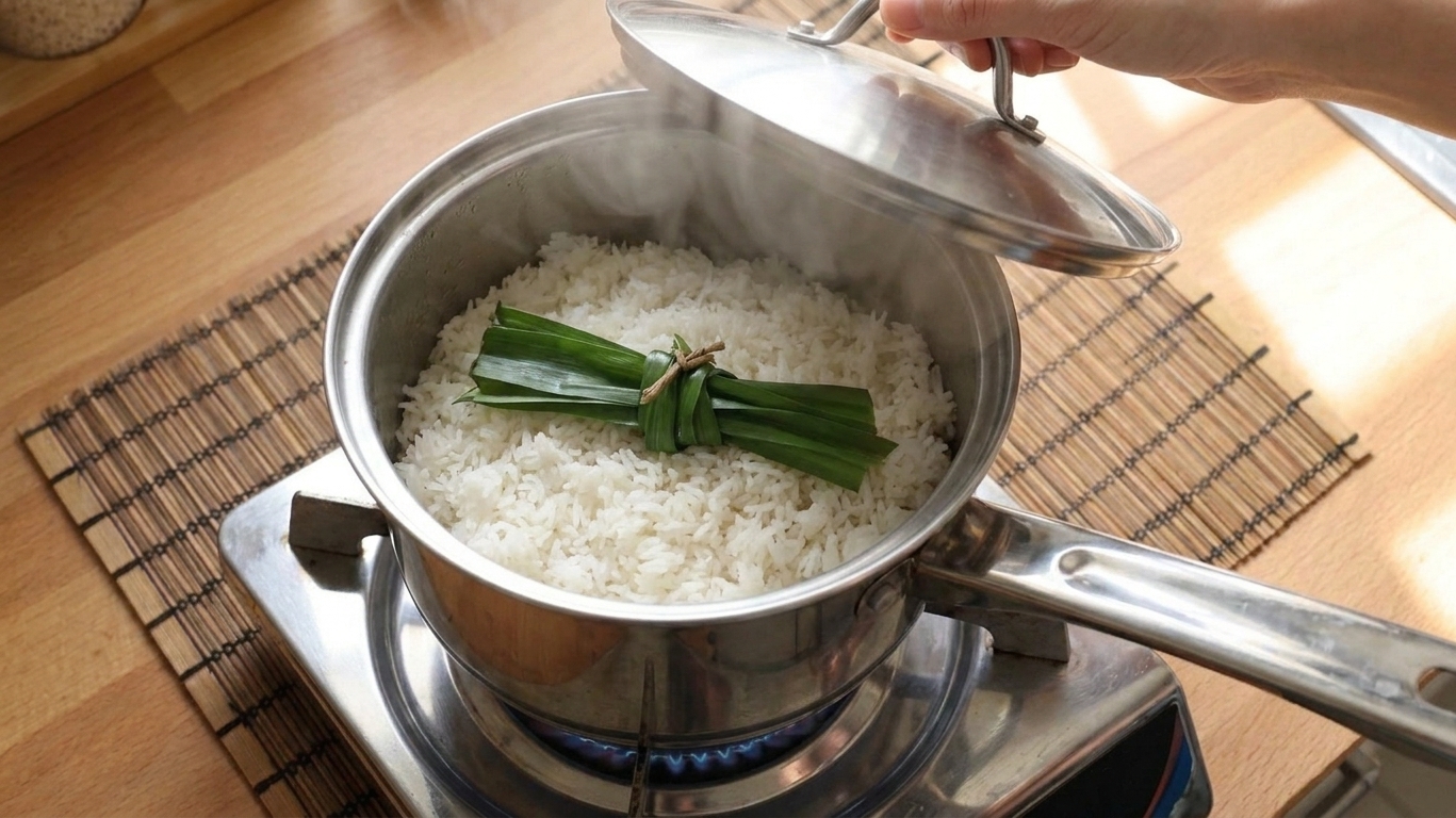 A pot of coconut rice steaming with the lid lifted slightly, pandan leaves visible on top, on a home stove