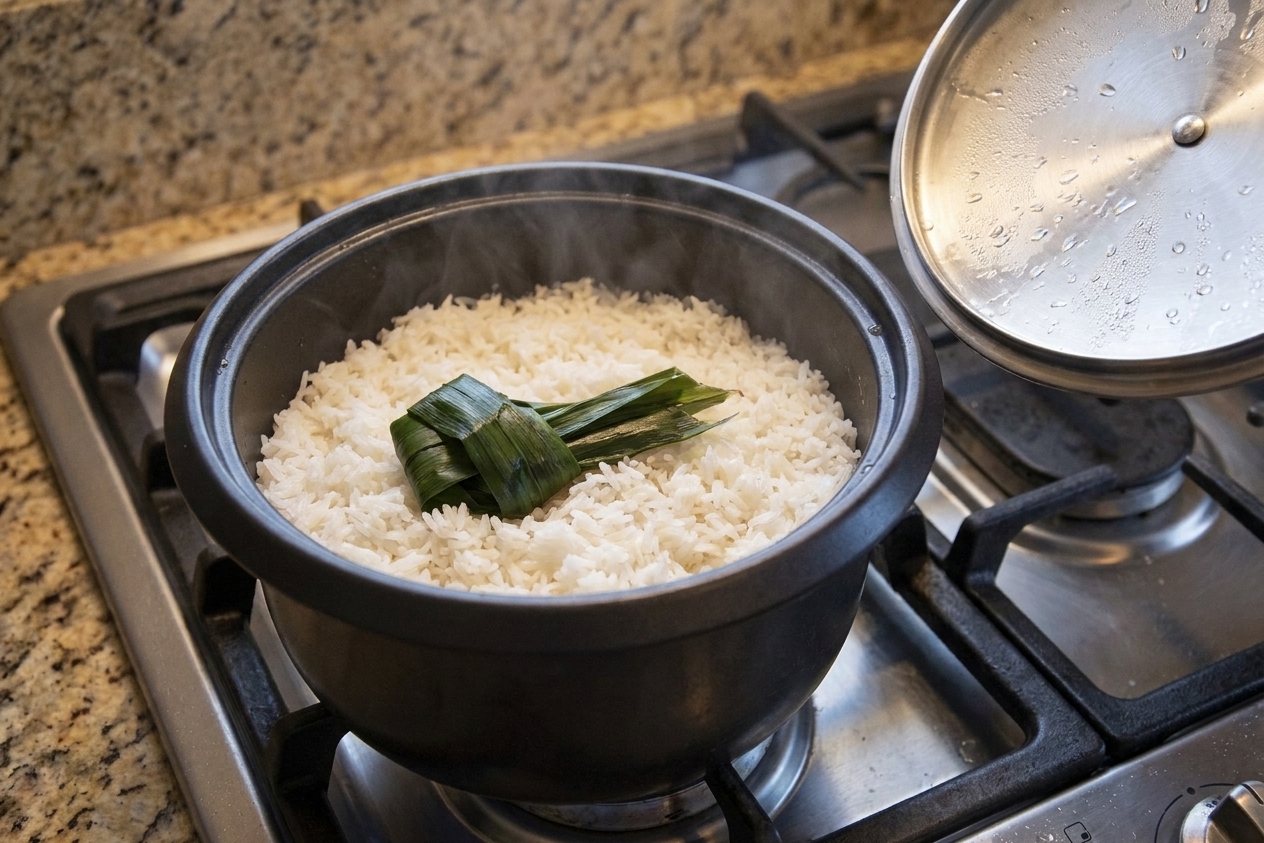 A pot of coconut rice with pandan leaves visible on top just after cooking, lid set aside on a stovetop