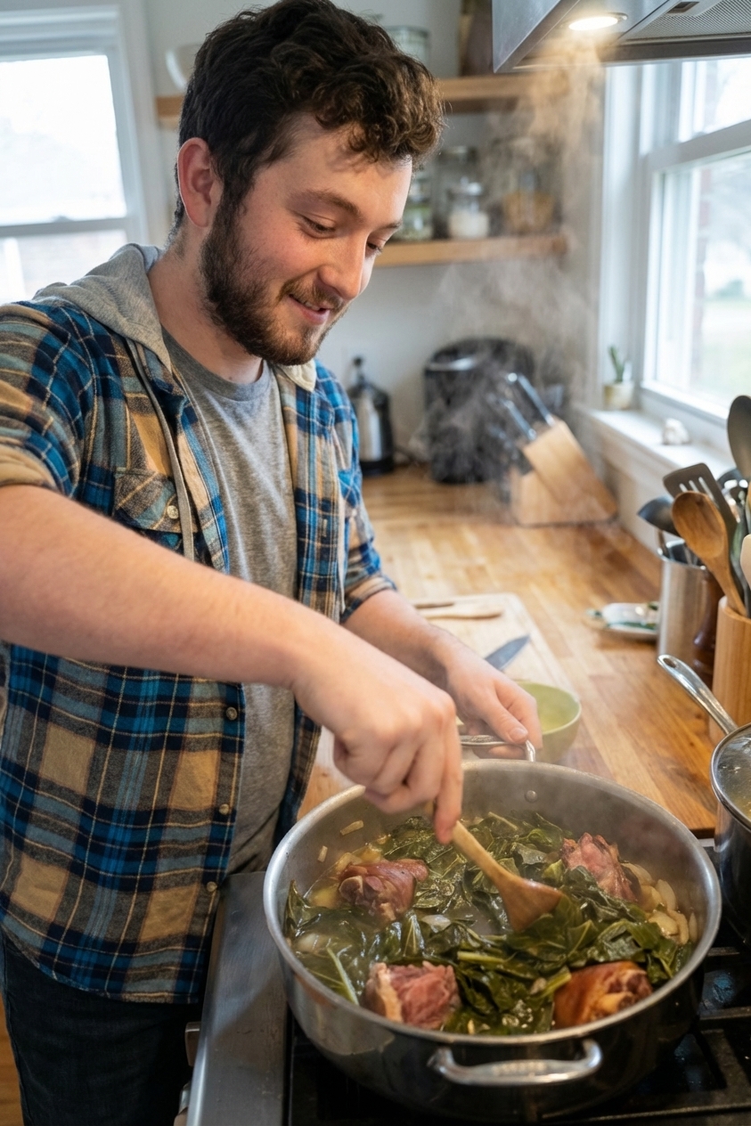 A pot of collard greens simmered with smoky seasoning