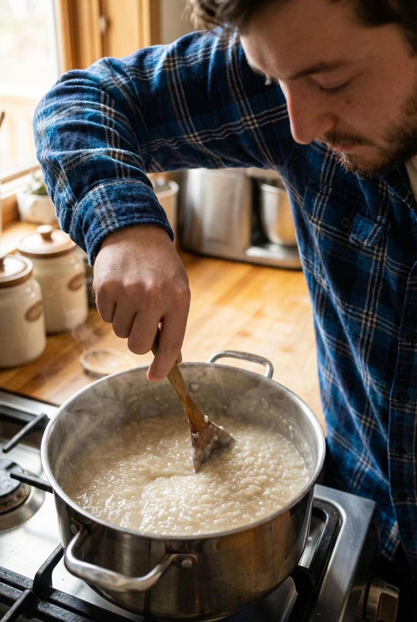 A pot of congee being stirred with a wooden spoon as it thickens to a creamy texture on the stovetop