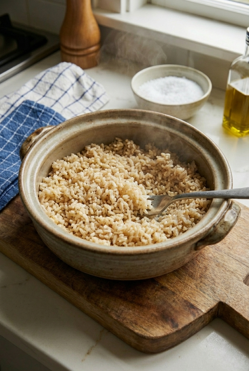 A pot of cooked brown rice with a fork fluffing the grains