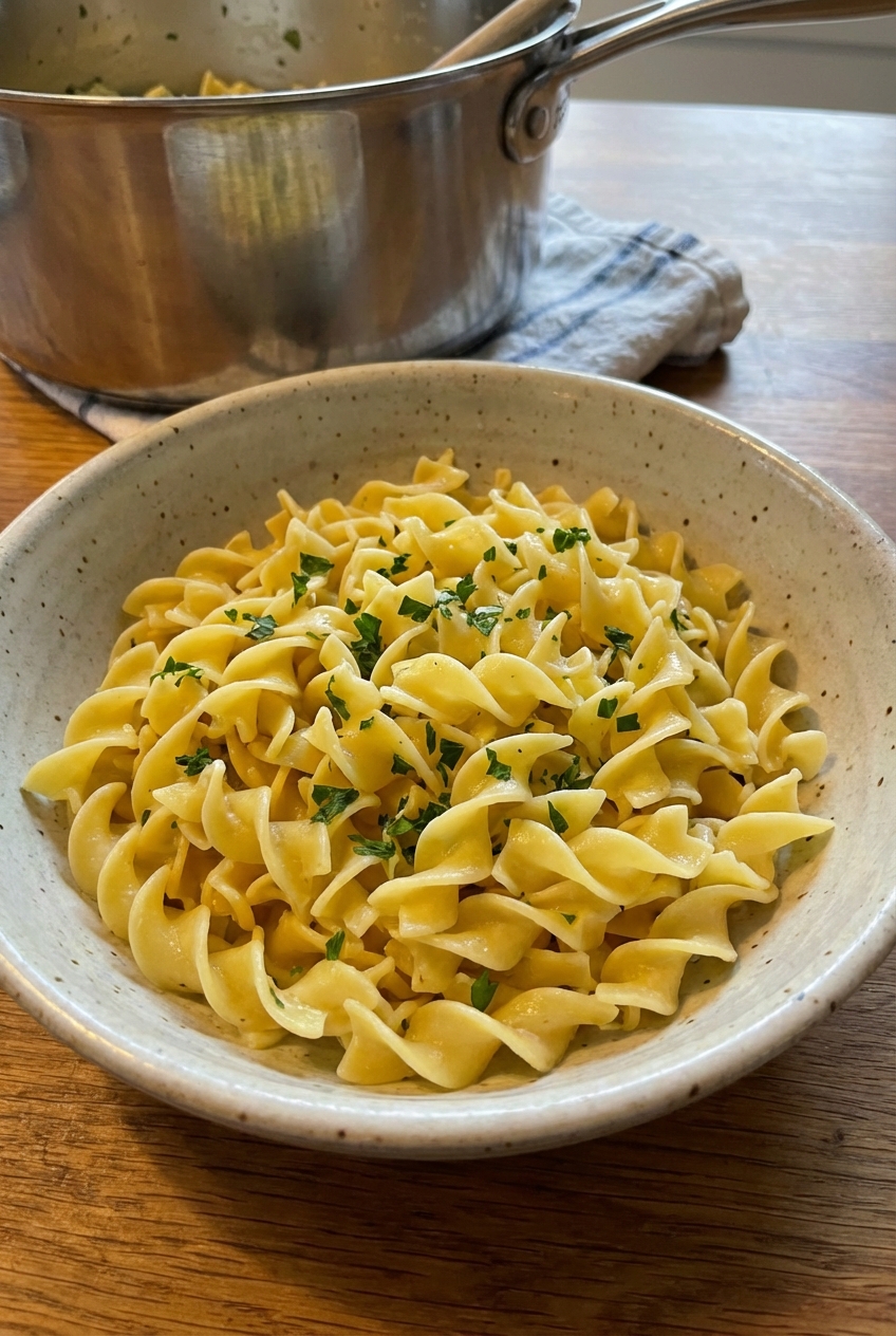A pot of cooked buttered noodles with parsley in a simple bowl