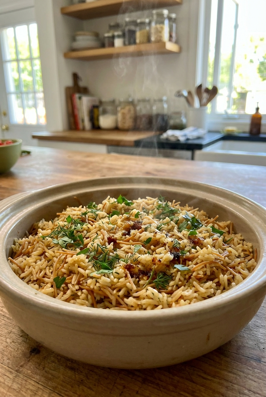 A pot of cooked rice pilaf with herbs and toasted noodles