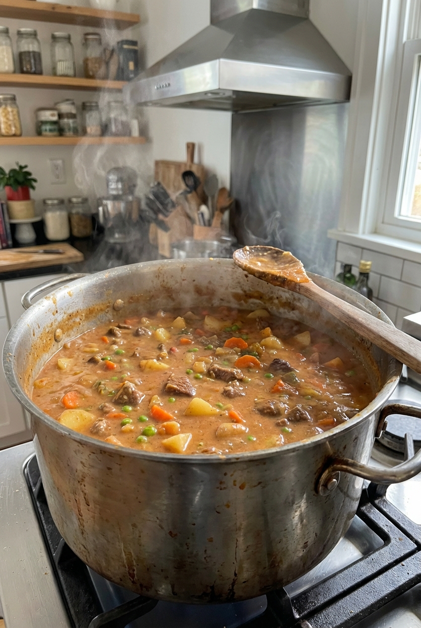 A pot of creamy beef vegetable soup simmering on a stovetop with steam rising and a wooden spoon resting on the rim