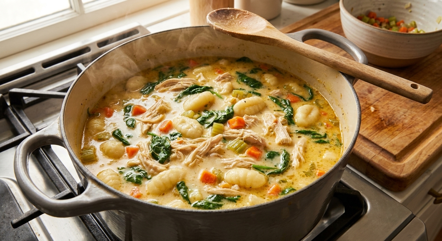 A pot of creamy chicken gnocchi soup gently simmering on the stove with a wooden spoon resting on the rim