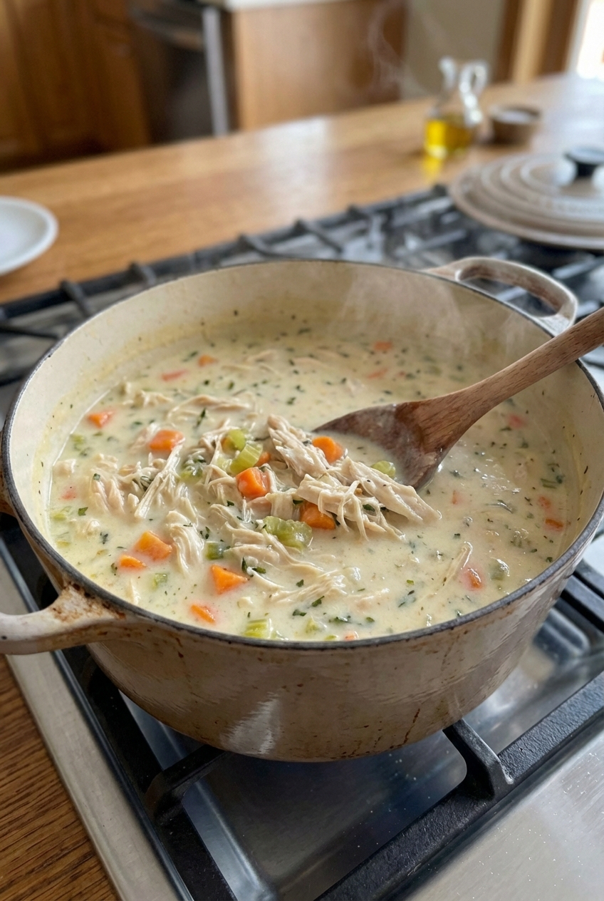 A pot of creamy chicken soup simmering on a stovetop with a wooden spoon stirring through tender vegetables and chicken