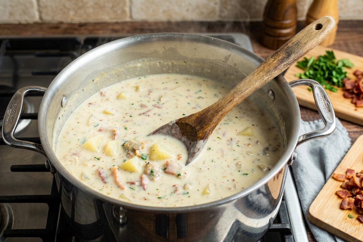 A pot of creamy clam chowder gently simmering on a stove with a wooden spoon resting in the pot