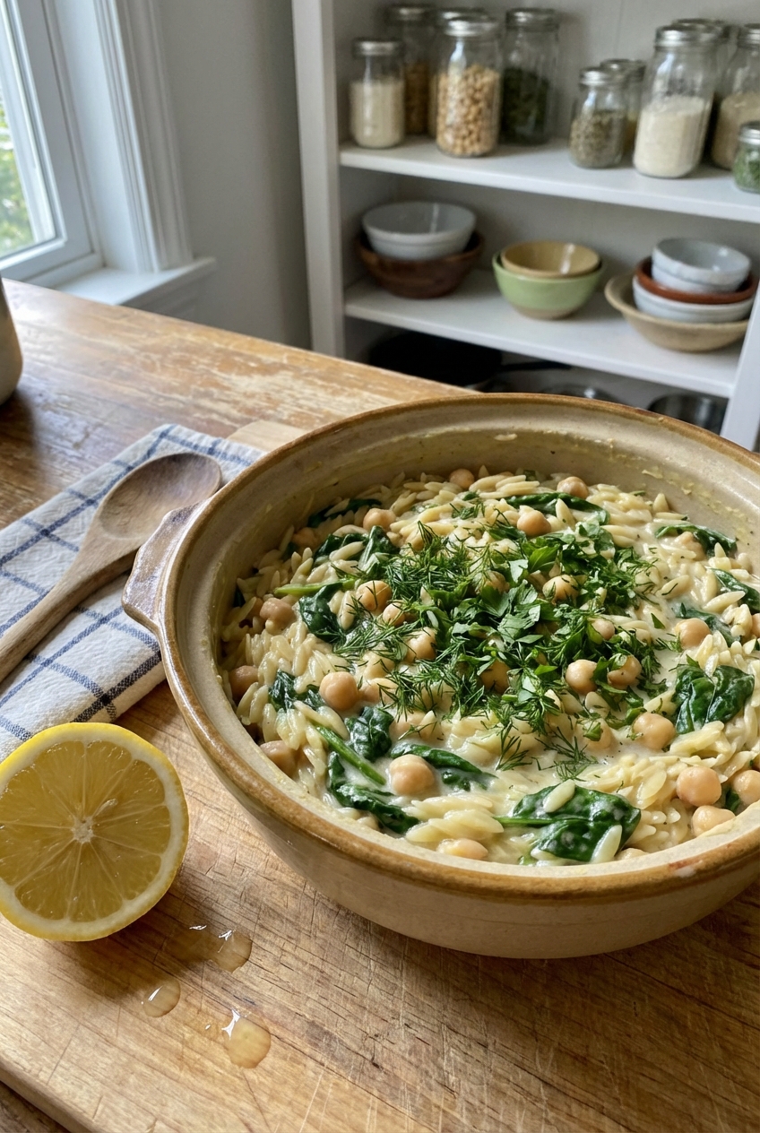Creamy Lemon Tahini Chickpea Orzo