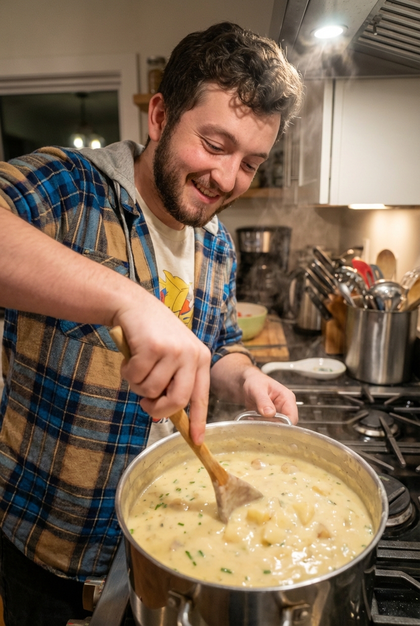 A pot of creamy potato soup being stirred with a wooden spoon on a stovetop