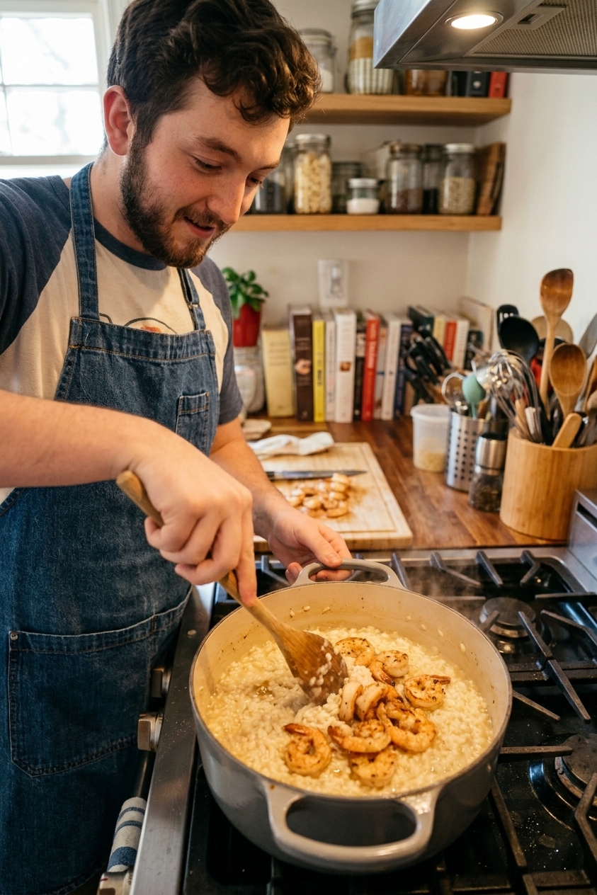 A pot of creamy risotto on the stove with seared shrimp being folded in with a wooden spoon, real kitchen photography