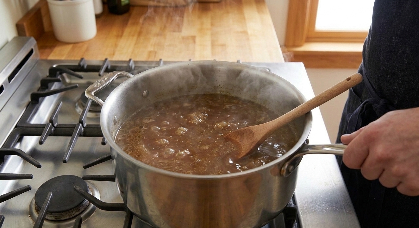 A pot of dark savory broth gently simmering on the stove with small bubbles breaking the surface