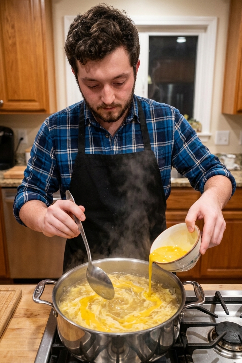 A pot of egg drop soup on the stove as a hand stirs the broth with a spoon while beaten eggs are poured in a thin stream to form ribbons