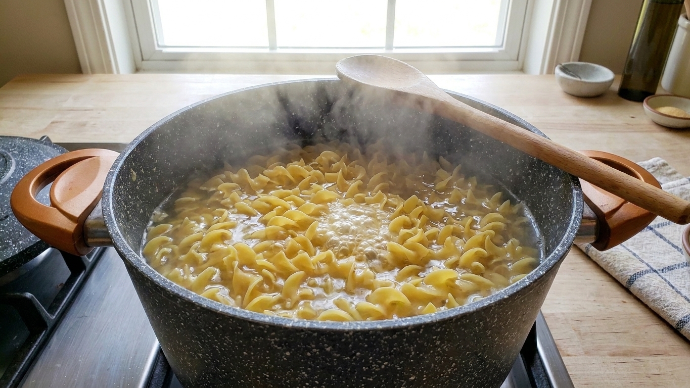 A pot of egg noodles boiling on a stovetop with steam rising in a bright home kitchen