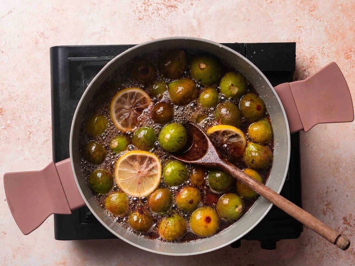 A pot of figs simmering on a stovetop with small bubbles and a wooden spoon resting in the pot