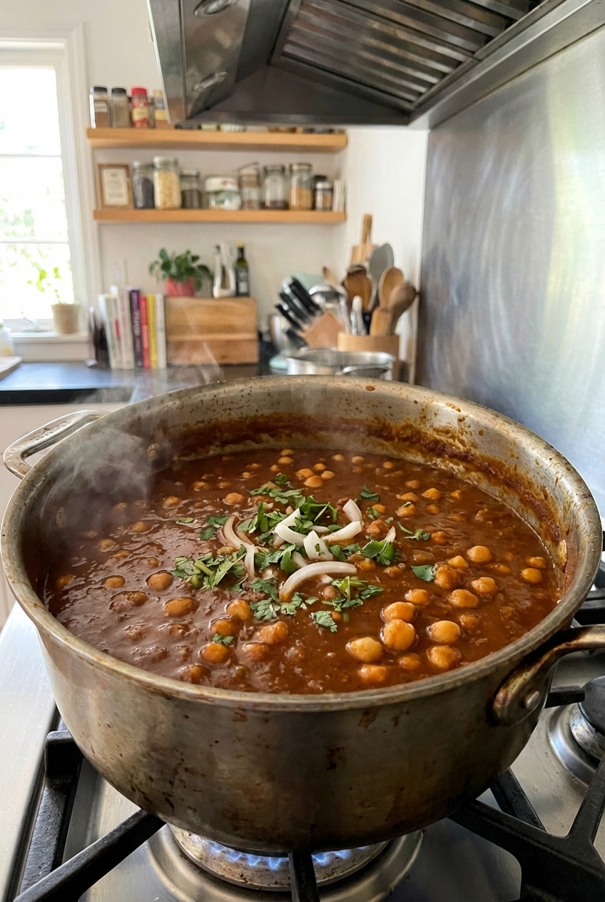 A pot of finished chhole masala simmering with chickpeas in a thick smooth gravy