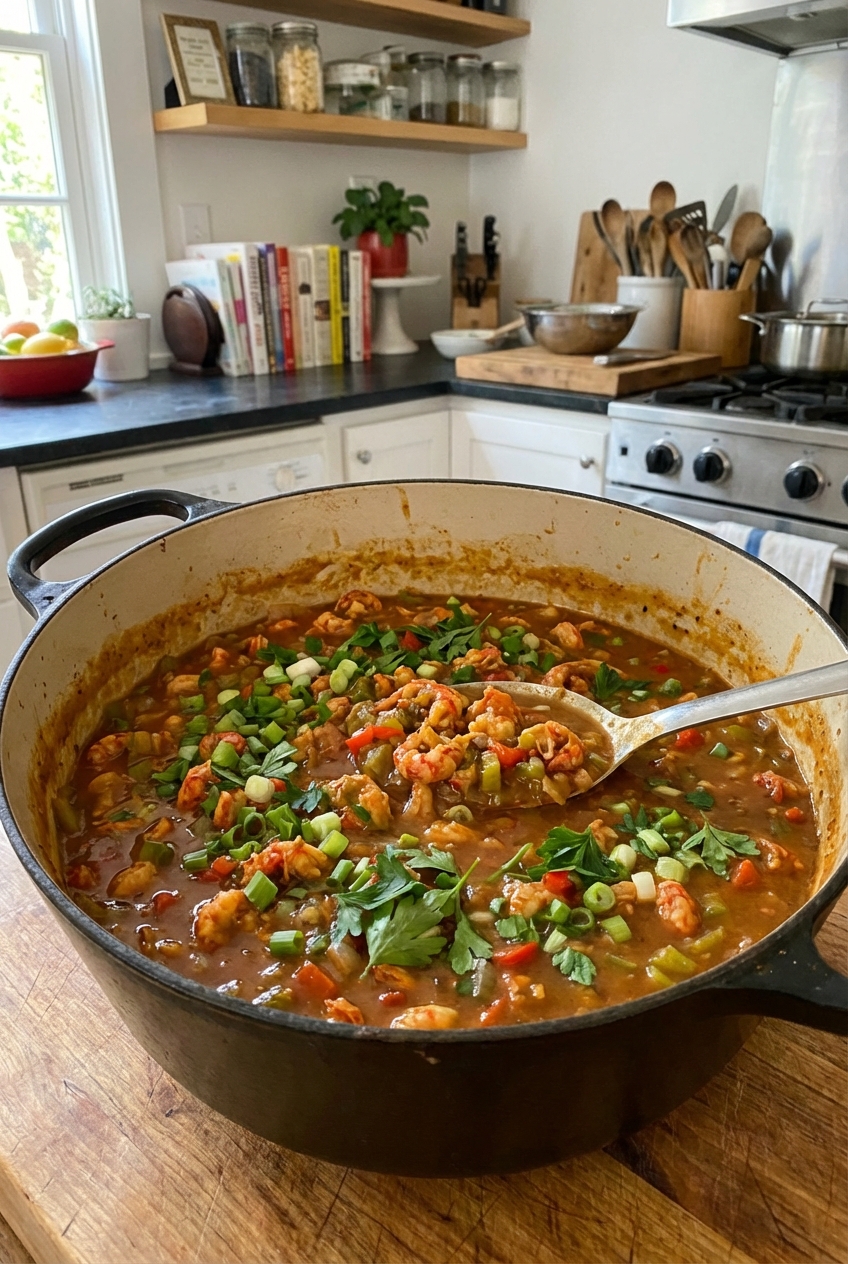 A pot of finished crawfish étouffée with green onions and parsley stirred in, ready to serve