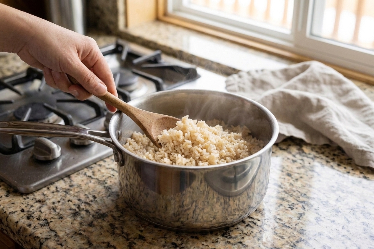 A pot of fluffy brown rice with visible steam and a wooden spoon resting nearby on a warm kitchen counter