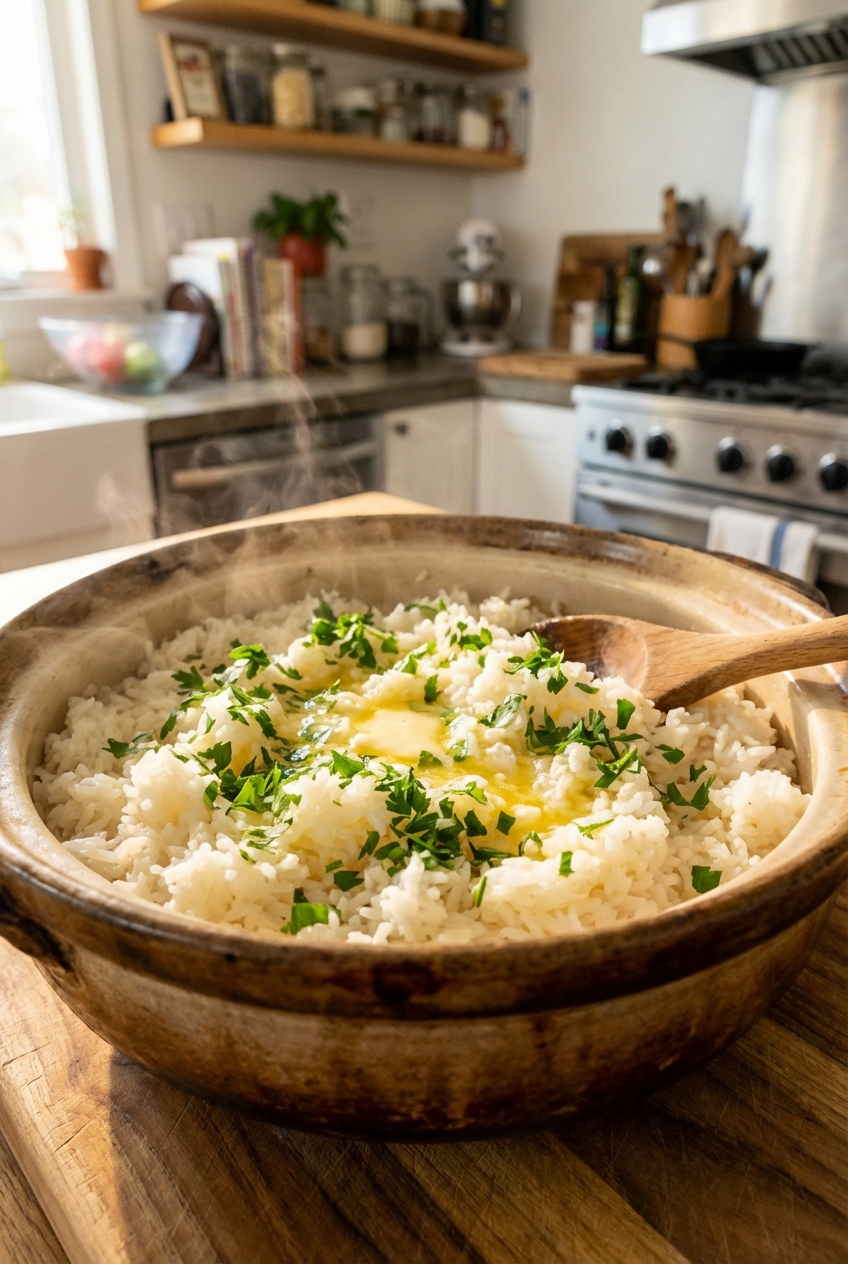 A pot of fluffy buttered rice with chopped parsley