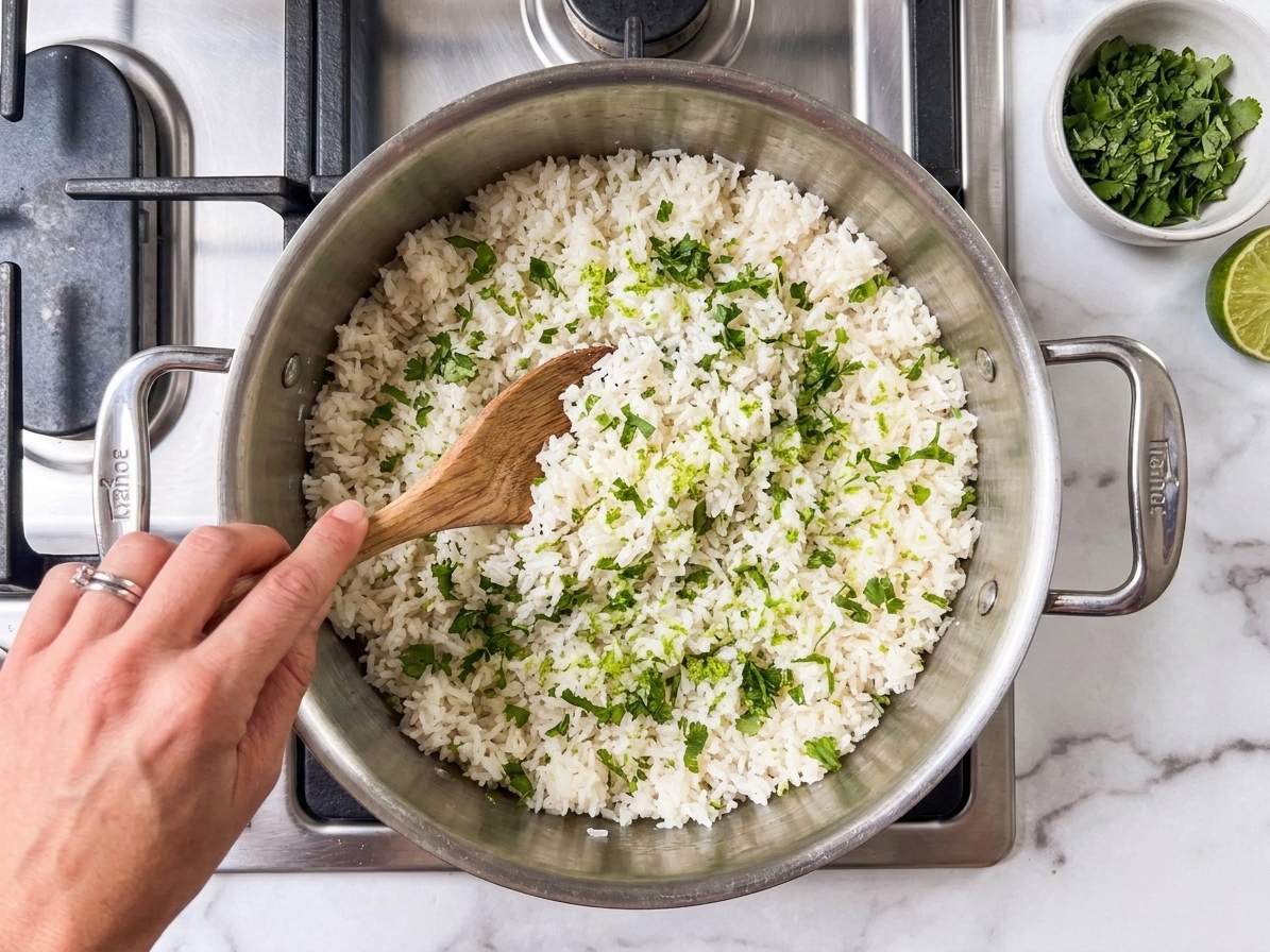 A pot of fluffy cilantro lime rice with visible chopped cilantro and lime zest on a stovetop