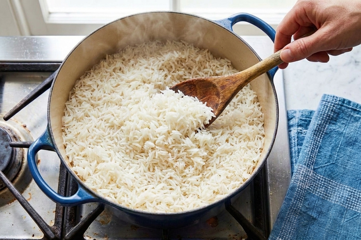 A pot of fluffy long-grain white rice being fluffed with a fork in a warm kitchen