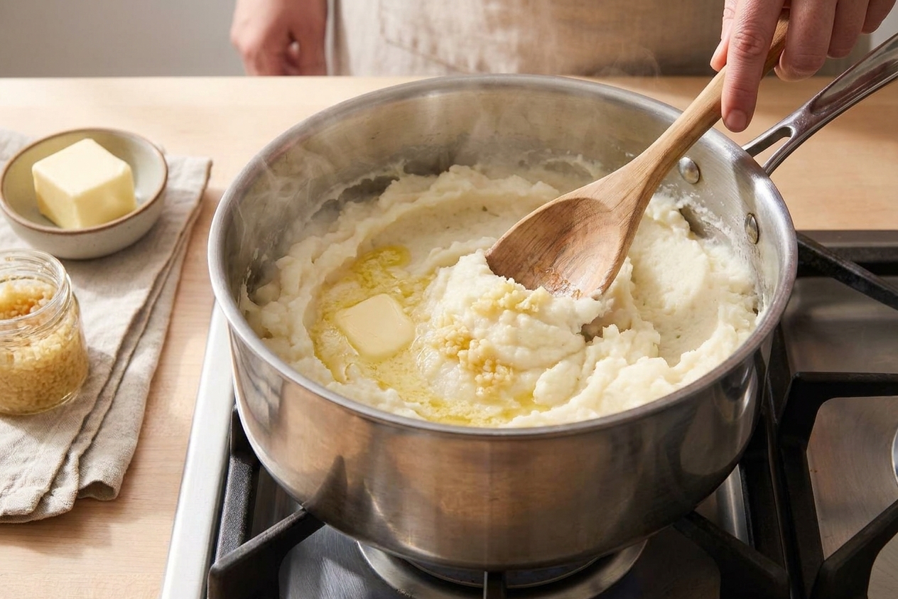 A pot of fluffy mashed potatoes being mixed with vegan butter and minced garlic on a stovetop