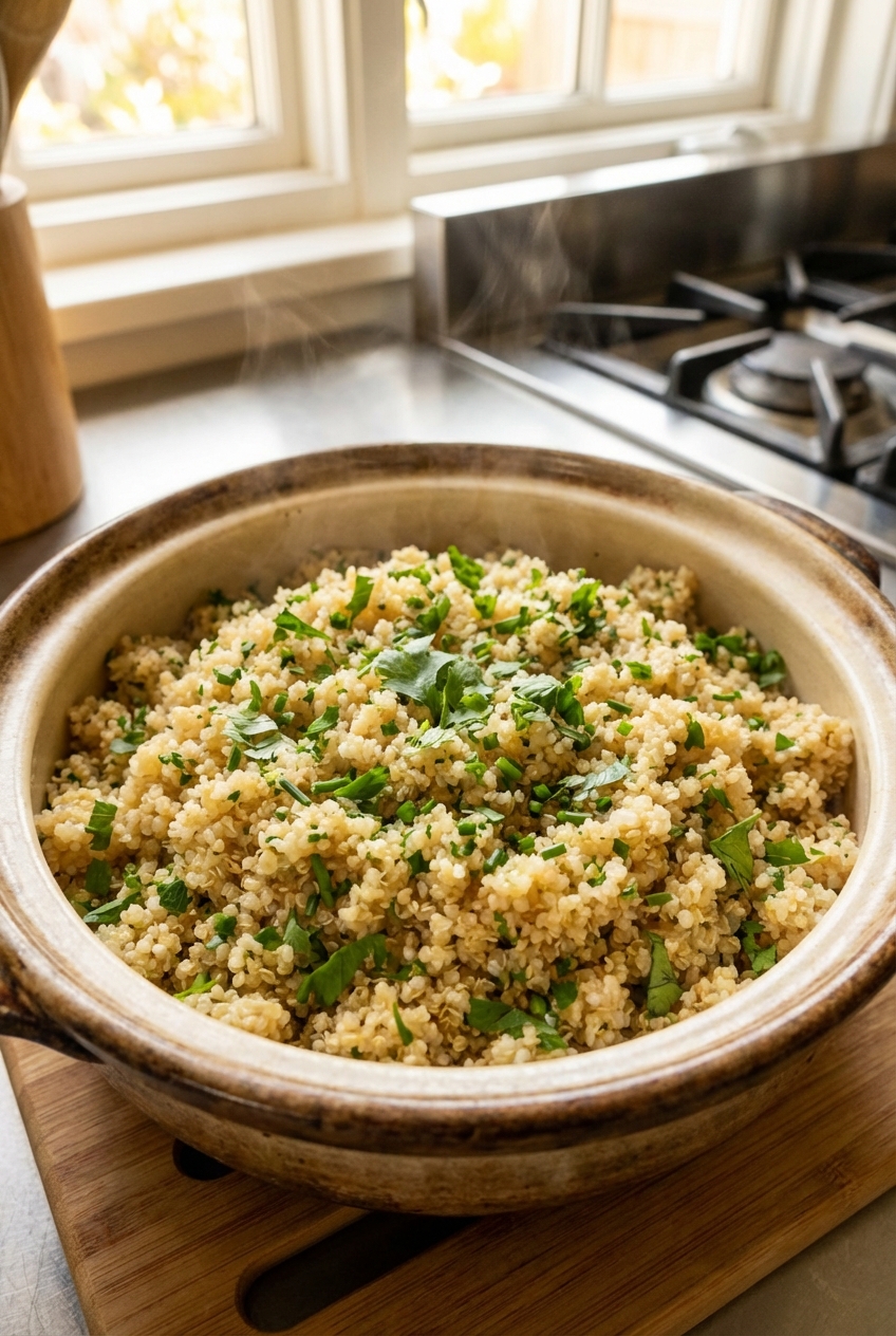 A pot of fluffy quinoa with herbs