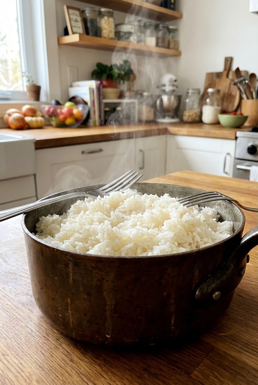 A pot of fluffy rice with a fork resting on the rim